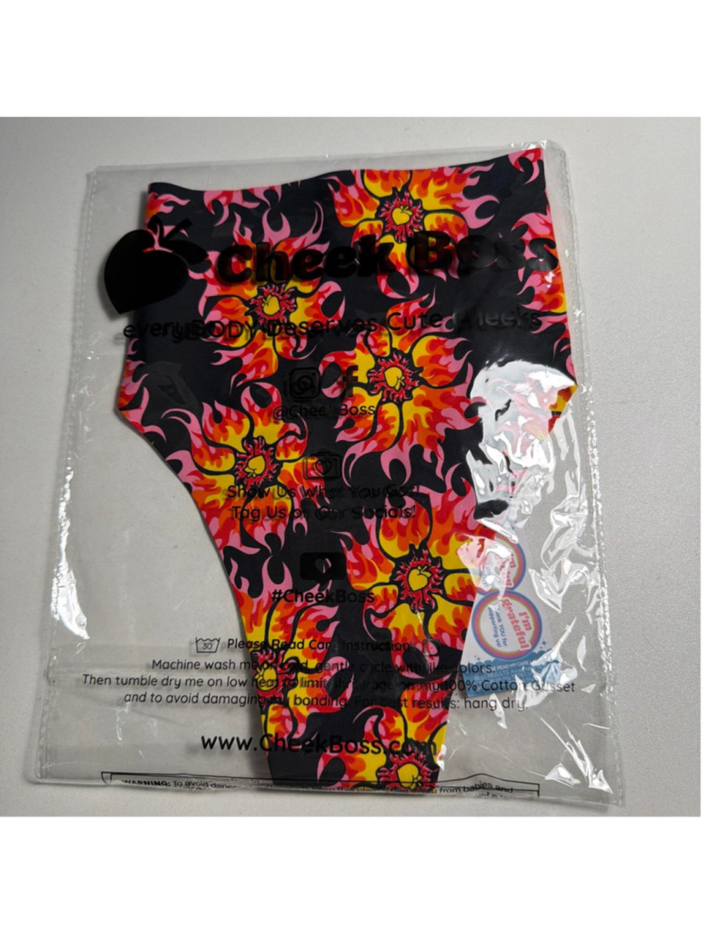 Cheek Boss black & pink flame print thong Size XL NWT